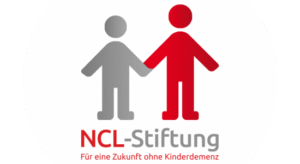Logo der NCL-Stiftung mit zwei stilisierten Figuren, einer in Grau und einer in Rot, die H&auml;nde halten.