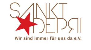 Logo von Sankt Depressiv e.V. mit rotem Stern und dem Slogan &bdquo;Wir sind immer f&uuml;r uns da&ldquo;.